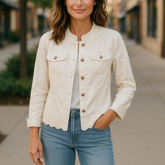 Chico's Jackets & Blazers - Chico's - NWT Alabaster Denim With Lace Layover Trim, Button Down, Pockets,...